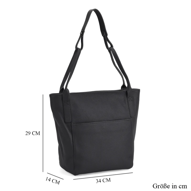 Echtleder-Tote-Bag mit Magnetverschluss-Außentasche und geräumigem Innenfach, 34x14x29 cm, Schwarz