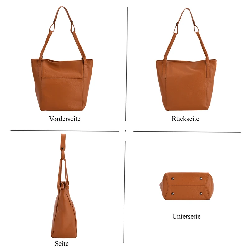 Echtleder-Tote-Bag mit Magnetverschluss-Außentasche und geräumigem Innenfach, 34x14x29 cm, Schwarz