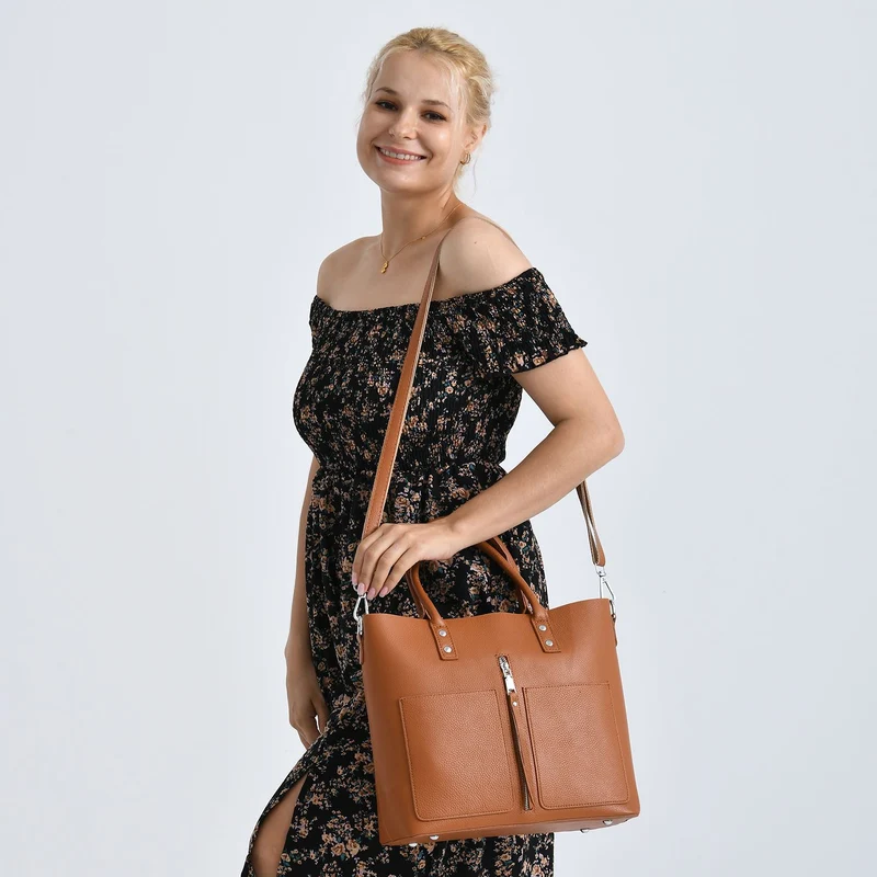 Echtleder Crossbody Tasche, mehrere Fächer, Reißverschluss vorne, 31 x 12.5 x 29 cm, Schwarz