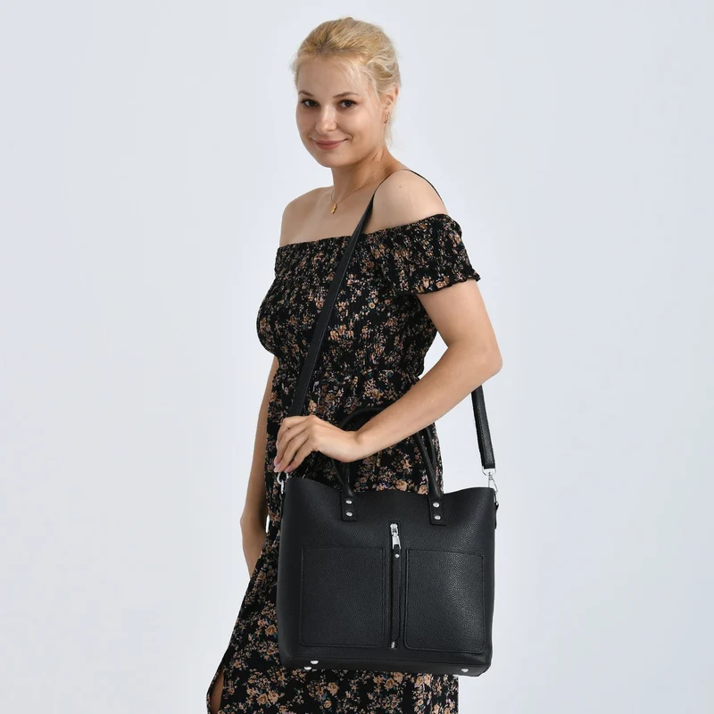 Echtleder Crossbody Tasche, mehrere Fächer, Reißverschluss vorne, 31 x 12.5 x 29 cm, Schwarz