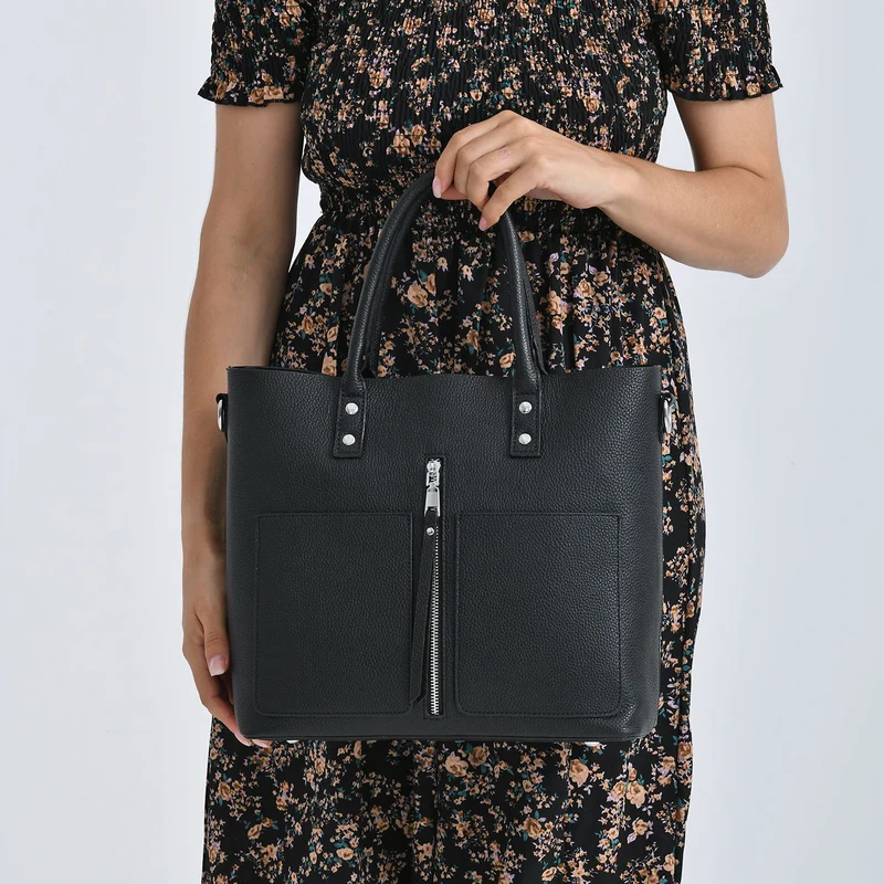 Echtleder Crossbody Tasche, mehrere Fächer, Reißverschluss vorne, 31 x 12.5 x 29 cm, Schwarz