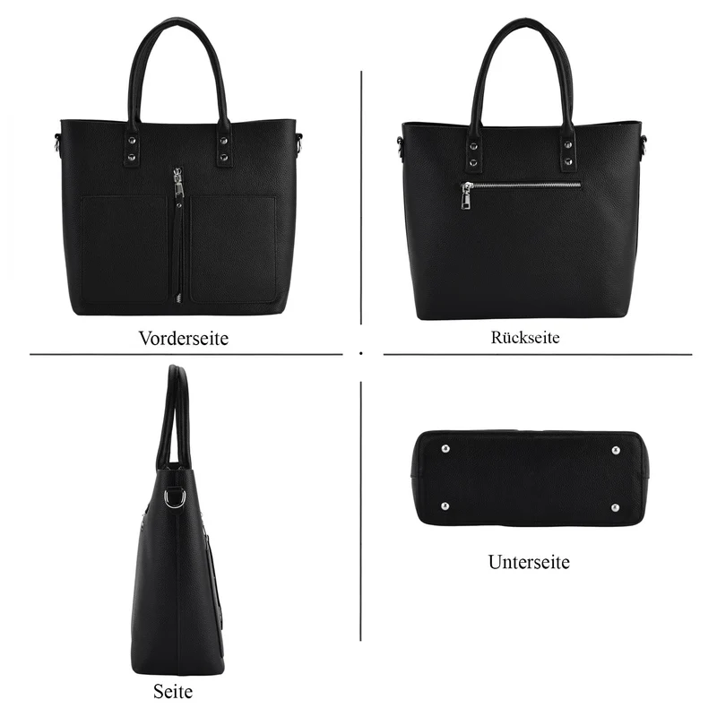 Echtleder Crossbody Tasche, mehrere Fächer, Reißverschluss vorne, 31 x 12.5 x 29 cm, Schwarz