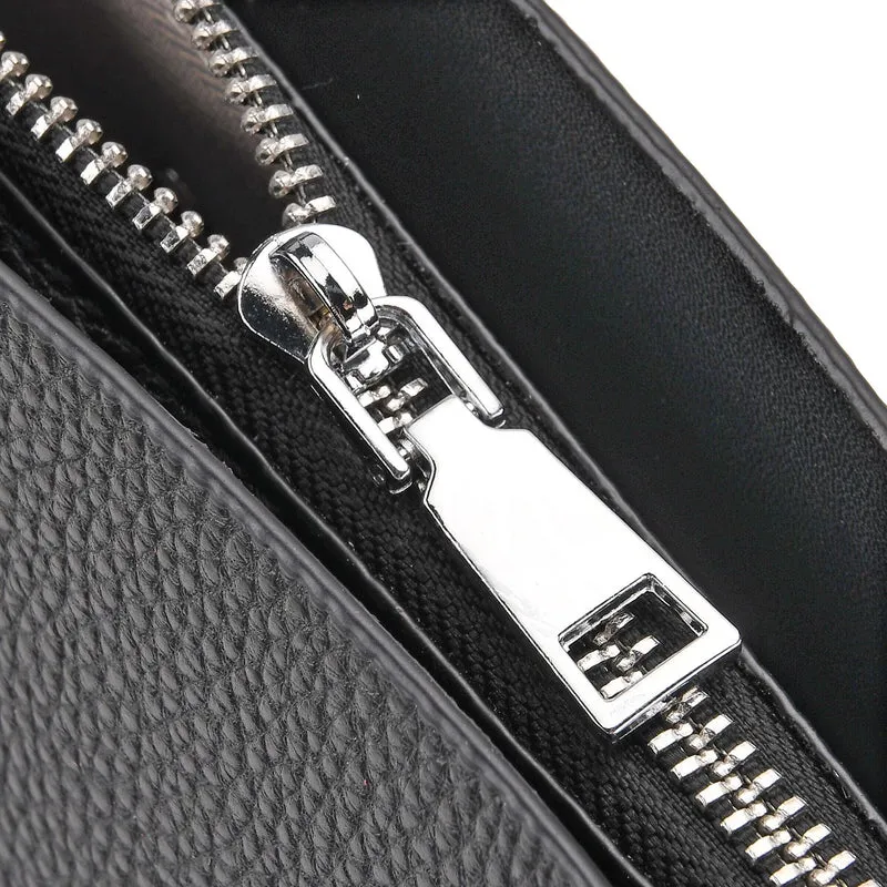 Echtleder Crossbody Tasche, mehrere Fächer, Reißverschluss vorne, 31 x 12.5 x 29 cm, Schwarz