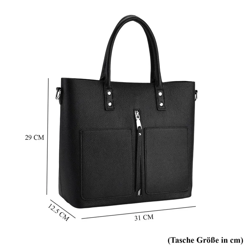 Echtleder Crossbody Tasche, mehrere Fächer, Reißverschluss vorne, 31 x 12.5 x 29 cm, Schwarz
