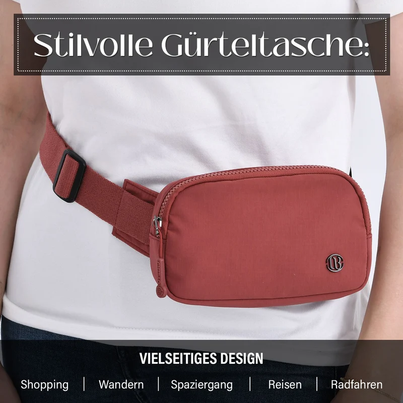 Nylon-Gürteltasche mit Hauptfach und Innentasche, verstellbarer Hüftgurt und Schnellverschluss, 19x12x6 cm, Rot