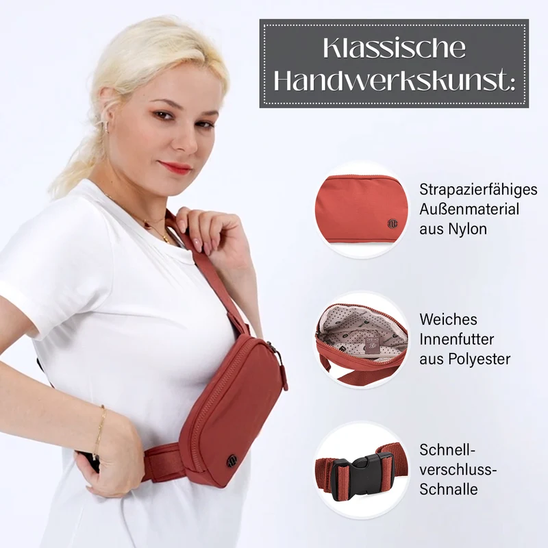 Nylon-Gürteltasche mit Hauptfach und Innentasche, verstellbarer Hüftgurt und Schnellverschluss, 19x12x6 cm, Rot