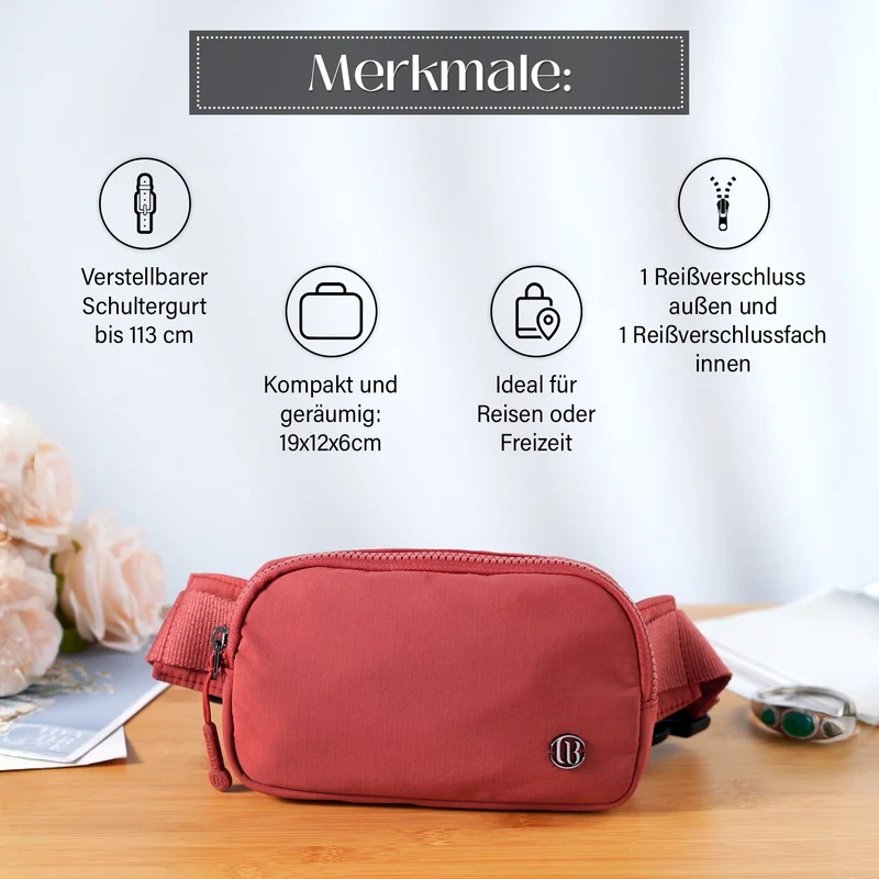 Nylon-Gürteltasche mit Hauptfach und Innentasche, verstellbarer Hüftgurt und Schnellverschluss, 19x12x6 cm, Rot