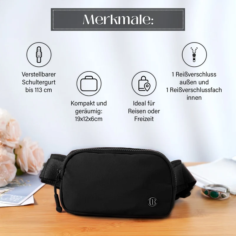Nylon-Gürteltasche mit Hauptfach und Innentasche, verstellbarer Hüftgurt und Schnellverschluss, 19x12x6 cm, Rot