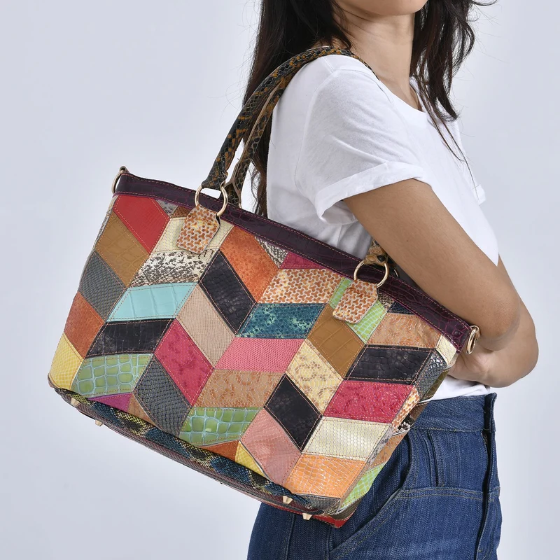 Chaos by Elsie - 100% Echtleder gewebter Tasche mit RFID schutz, 32x23x11cm, Patchwork