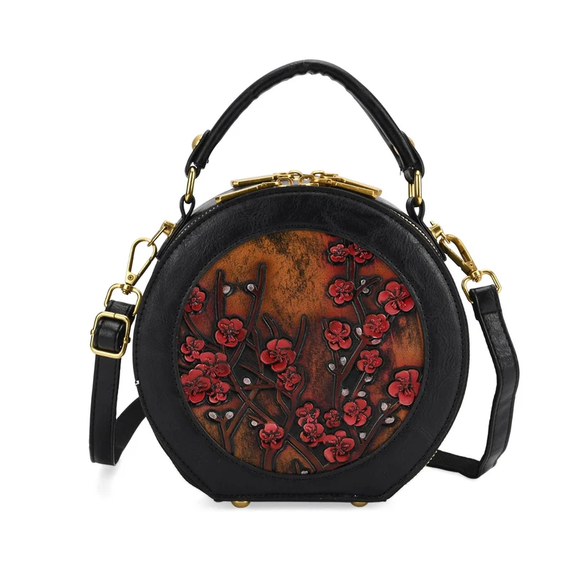Runde Crossbody-Bag mit Pflaumenblüten-Prägung, 19x8x18 cm, Braun