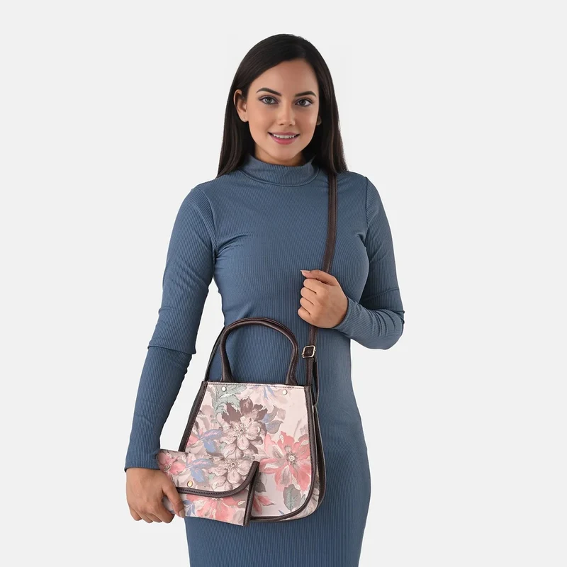 2er Set - Handtasche und Geldbörse, Baumwolle, Mehrfarbige Floral