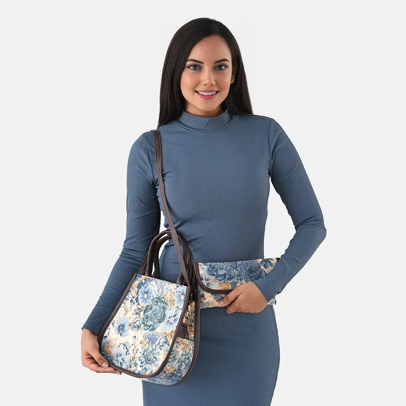 2er Set - Handtasche und Geldbörse, Baumwolle, Mehrfarbige Floral