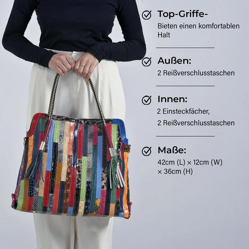Chaos by Elsie - Crossbody-Tasche aus echtem Leder, Multicolor mit glänzender Krokoprägung im Rautenmuster, RFID-Schutz und Mini-Taschenlampe, 42x12x36cm