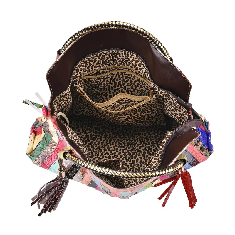 Chaos by Elsie - Crossbody-Tasche aus echtem Leder, Multicolor mit glänzender Krokoprägung im Rautenmuster, RFID-Schutz und Mini-Taschenlampe, 42x12x36cm