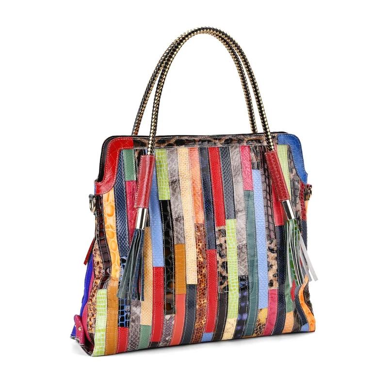 Chaos by Elsie - Crossbody-Tasche aus echtem Leder, Multicolor mit glänzender Krokoprägung im Rautenmuster, RFID-Schutz und Mini-Taschenlampe, 42x12x36cm