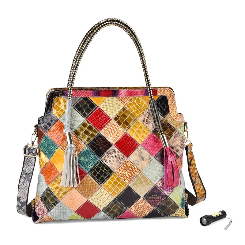 Chaos by Elsie - Crossbody-Tasche aus echtem Leder, Multicolor mit glänzender Krokoprägung im Rautenmuster, RFID-Schutz und Mini-Taschenlampe, 42x12x36cm