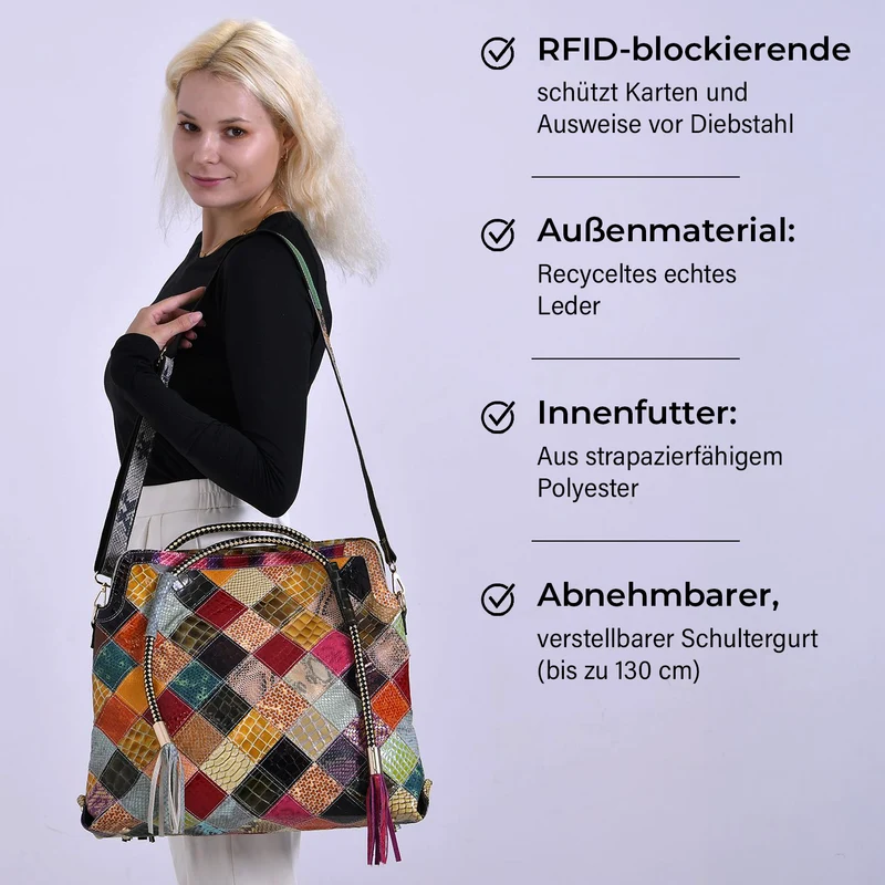 Chaos by Elsie - Crossbody-Tasche aus echtem Leder, Multicolor mit glänzender Krokoprägung im Rautenmuster, RFID-Schutz und Mini-Taschenlampe, 42x12x36cm