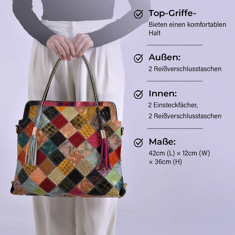 Chaos by Elsie - Crossbody-Tasche aus echtem Leder, Multicolor mit glänzender Krokoprägung im Rautenmuster, RFID-Schutz und Mini-Taschenlampe, 42x12x36cm