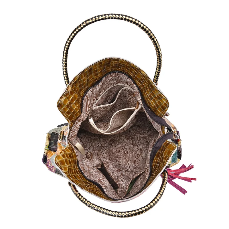 Chaos by Elsie - Crossbody-Tasche aus echtem Leder, Multicolor mit glänzender Krokoprägung im Rautenmuster, RFID-Schutz und Mini-Taschenlampe, 42x12x36cm