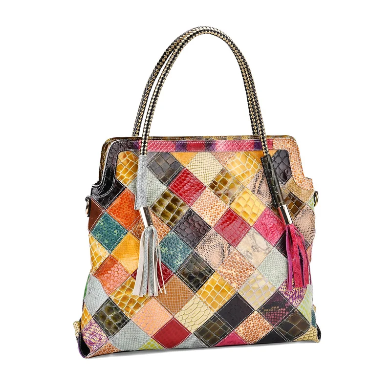 Chaos by Elsie - Crossbody-Tasche aus echtem Leder, Multicolor mit glänzender Krokoprägung im Rautenmuster, RFID-Schutz und Mini-Taschenlampe, 42x12x36cm
