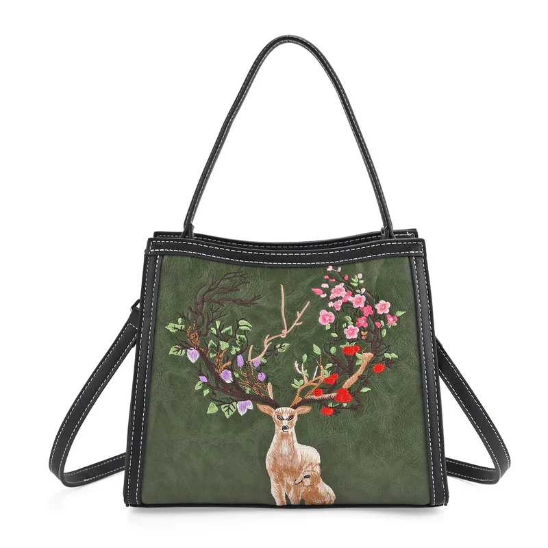 Bestickte Crossbody Tasche, Kunstleder, Rentier Design, 25 x 11 x 21 cm, Anthrazit
