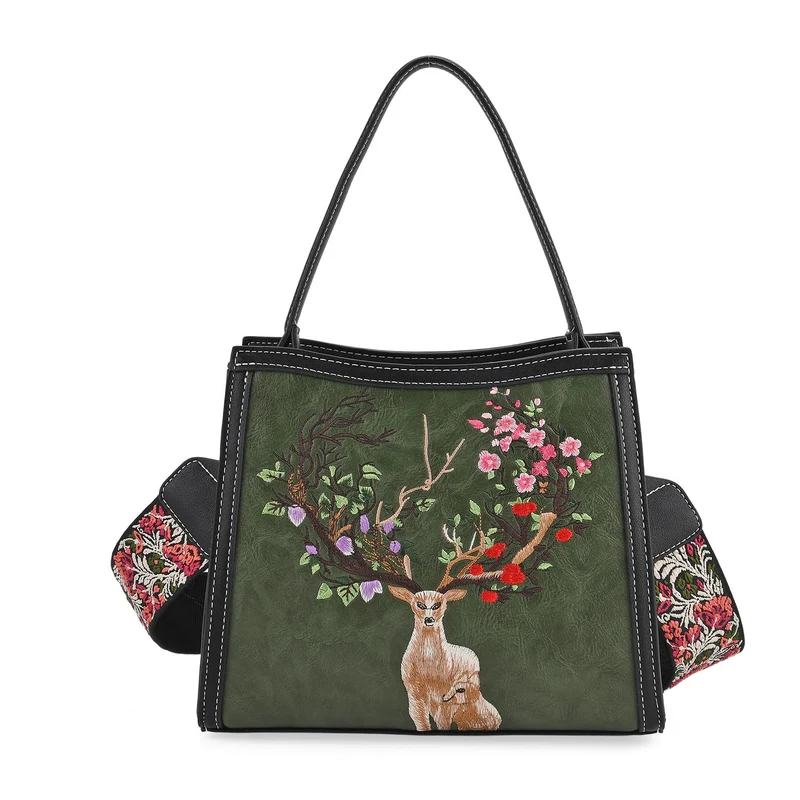 Bestickte Crossbody Tasche, Kunstleder, Rentier Design, 25 x 11 x 21 cm, Anthrazit