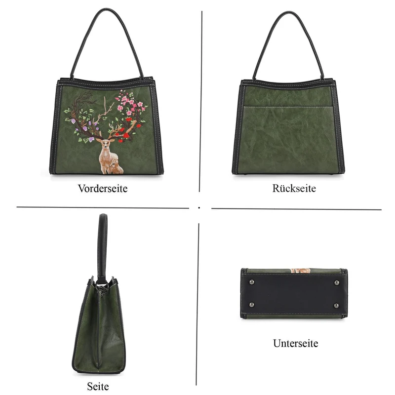 Bestickte Crossbody Tasche, Kunstleder, Rentier Design, 25 x 11 x 21 cm, Anthrazit