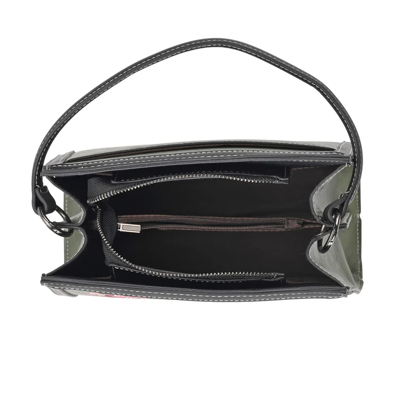 Bestickte Crossbody Tasche, Kunstleder, Rentier Design, 25 x 11 x 21 cm, Anthrazit