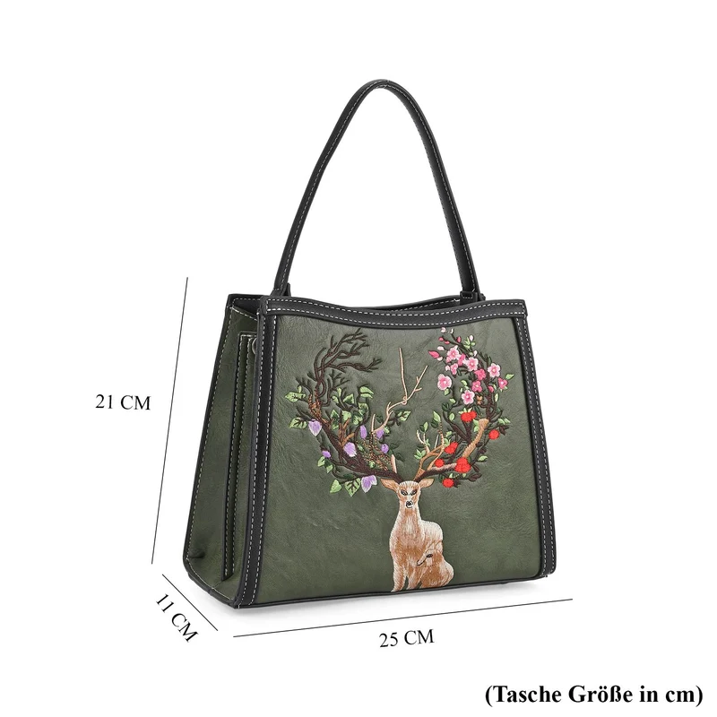 Bestickte Crossbody Tasche, Kunstleder, Rentier Design, 25 x 11 x 21 cm, Anthrazit