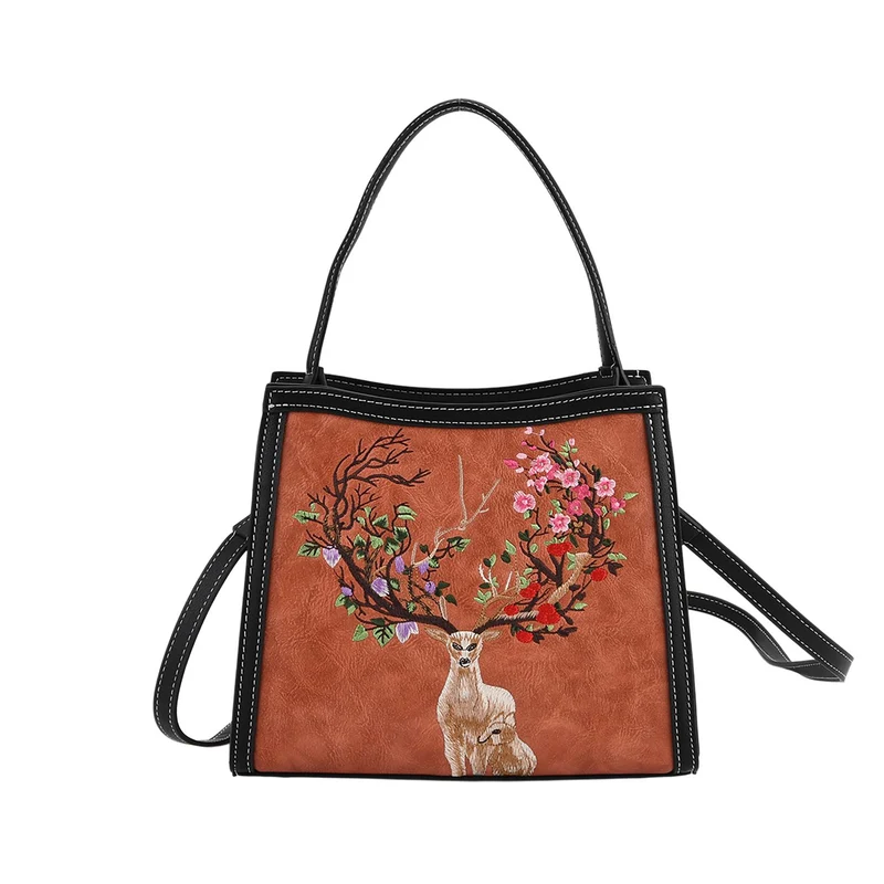 Bestickte Crossbody Tasche, Kunstleder, Rentier Design, 25 x 11 x 21 cm, Anthrazit