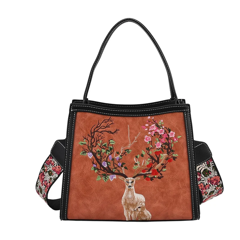 Bestickte Crossbody Tasche, Kunstleder, Rentier Design, 25 x 11 x 21 cm, Anthrazit