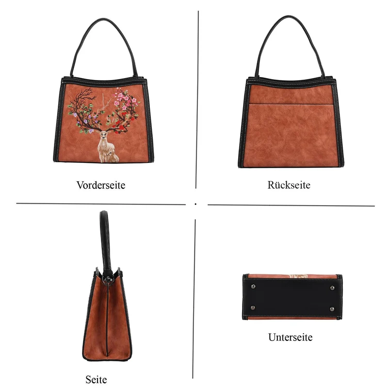 Bestickte Crossbody Tasche, Kunstleder, Rentier Design, 25 x 11 x 21 cm, Anthrazit