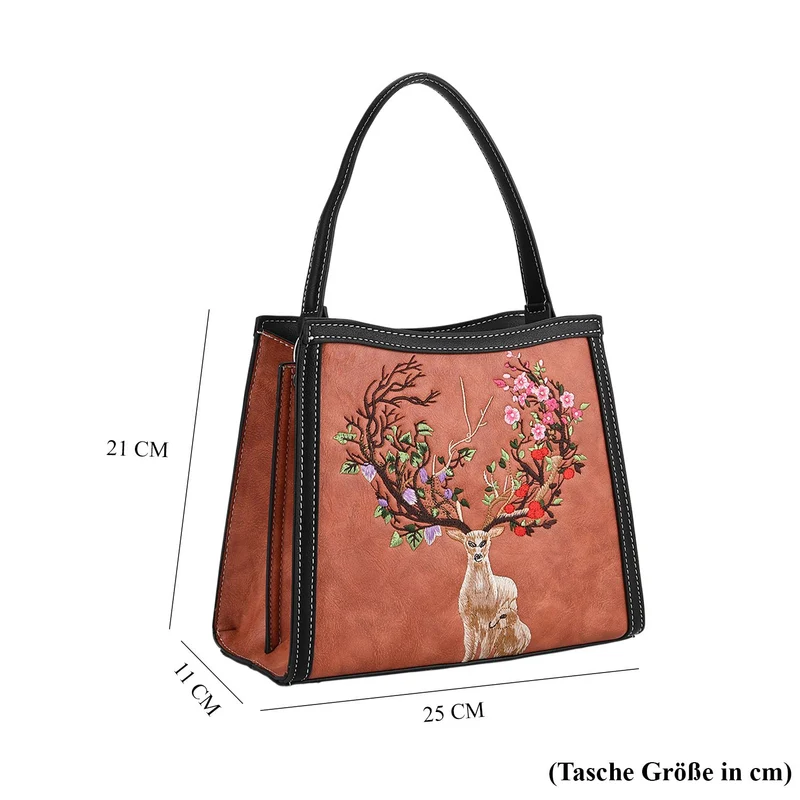 Bestickte Crossbody Tasche, Kunstleder, Rentier Design, 25 x 11 x 21 cm, Anthrazit