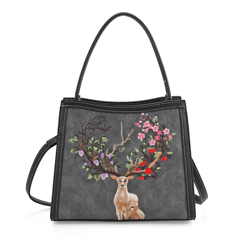 Bestickte Crossbody Tasche, Kunstleder, Rentier Design, 25 x 11 x 21 cm, Anthrazit