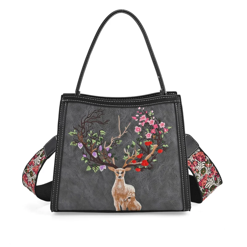 Bestickte Crossbody Tasche, Kunstleder, Rentier Design, 25 x 11 x 21 cm, Anthrazit