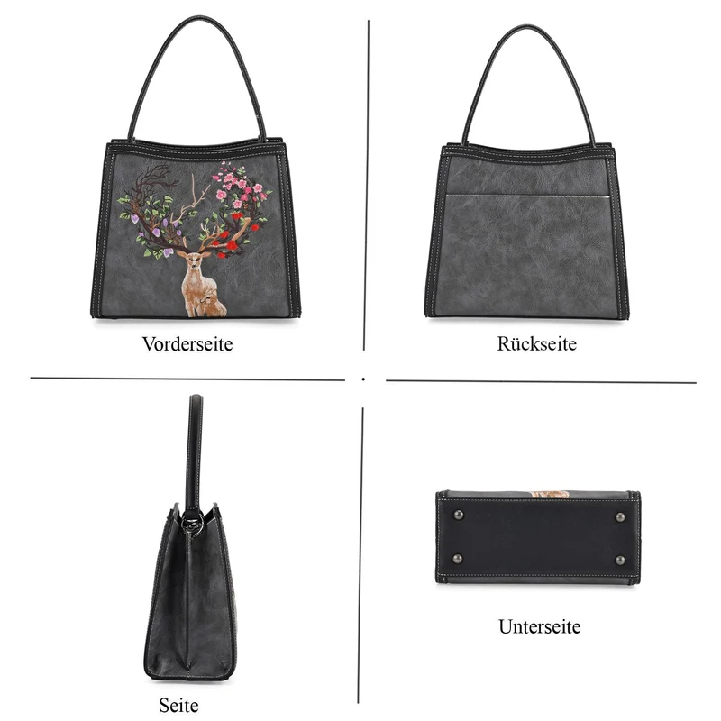 Bestickte Crossbody Tasche, Kunstleder, Rentier Design, 25 x 11 x 21 cm, Anthrazit