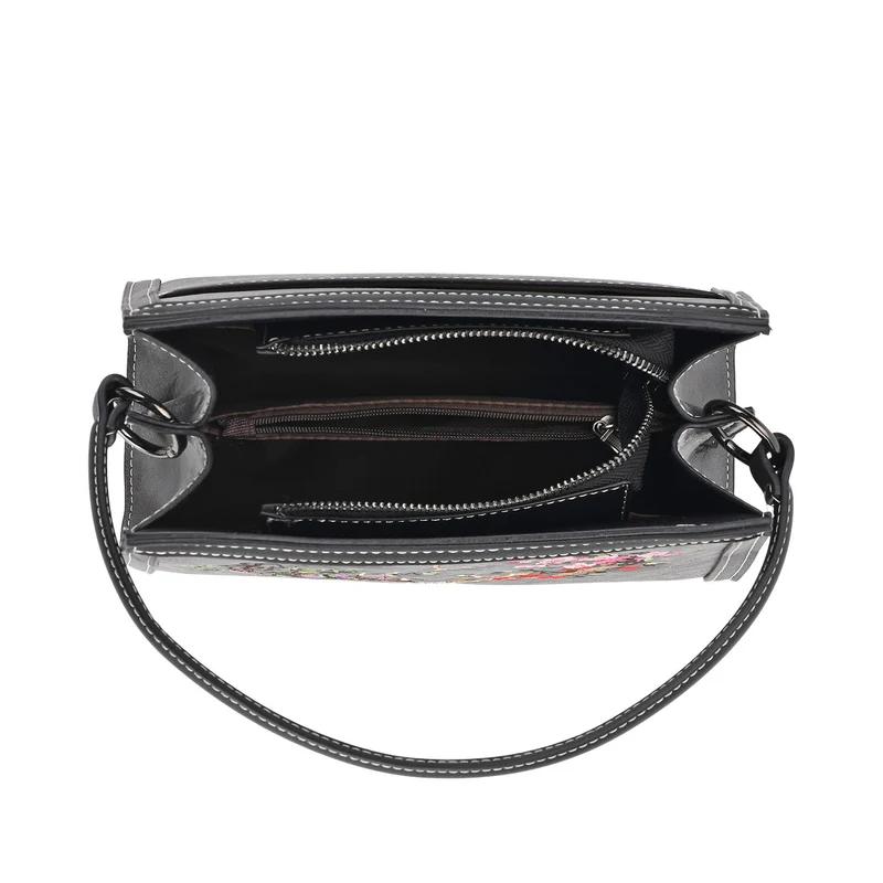 Bestickte Crossbody Tasche, Kunstleder, Rentier Design, 25 x 11 x 21 cm, Anthrazit