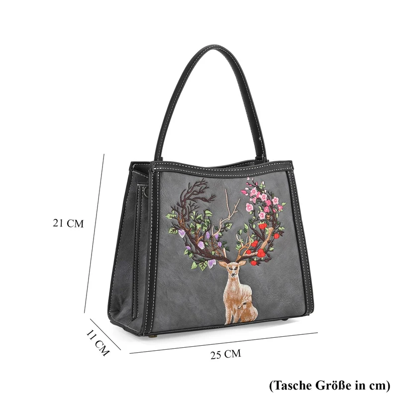 Bestickte Crossbody Tasche, Kunstleder, Rentier Design, 25 x 11 x 21 cm, Anthrazit