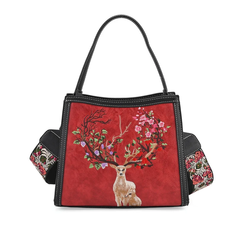 Bestickte Crossbody Tasche, Kunstleder, Rentier Design, 25 x 11 x 21 cm, Anthrazit
