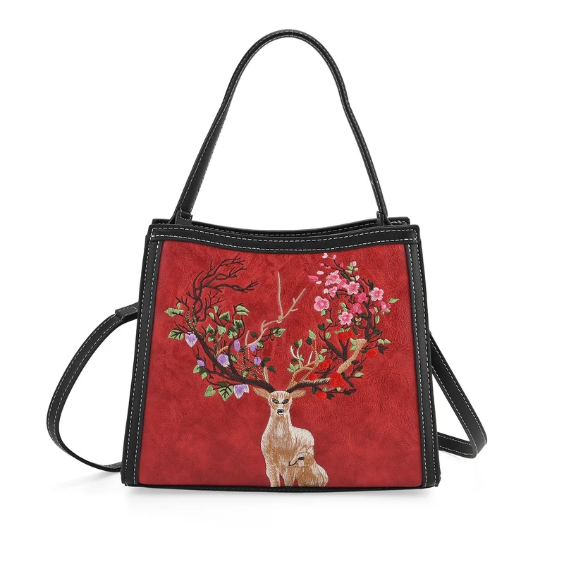 Bestickte Crossbody Tasche, Kunstleder, Rentier Design, 25 x 11 x 21 cm, Anthrazit
