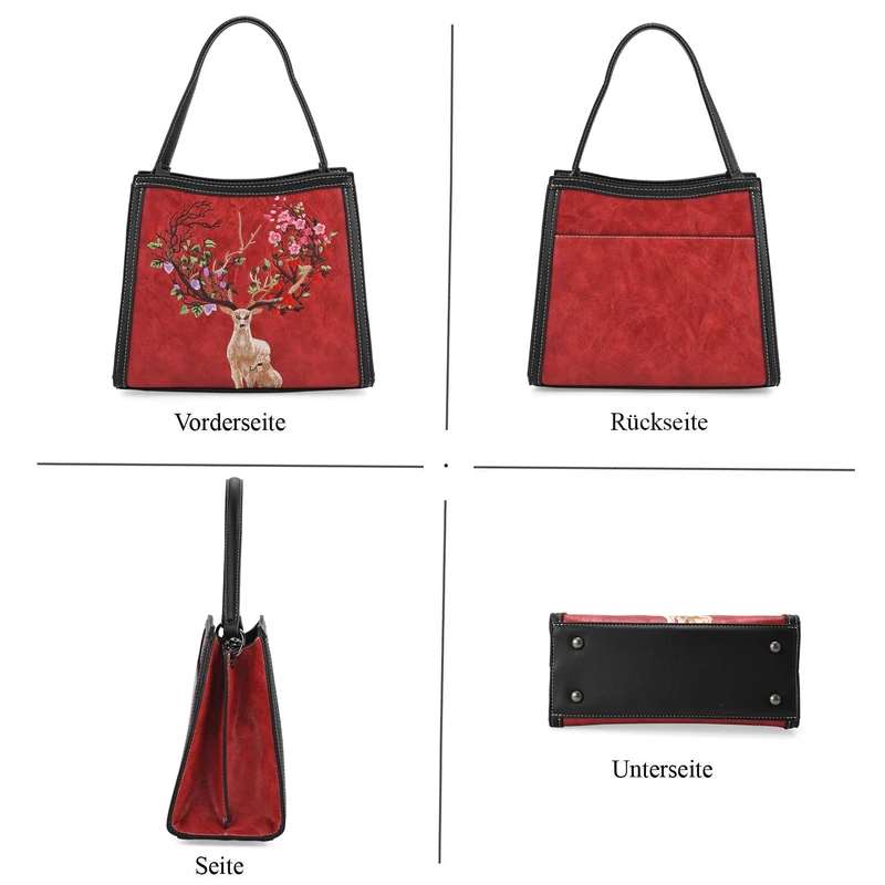 Bestickte Crossbody Tasche, Kunstleder, Rentier Design, 25 x 11 x 21 cm, Anthrazit