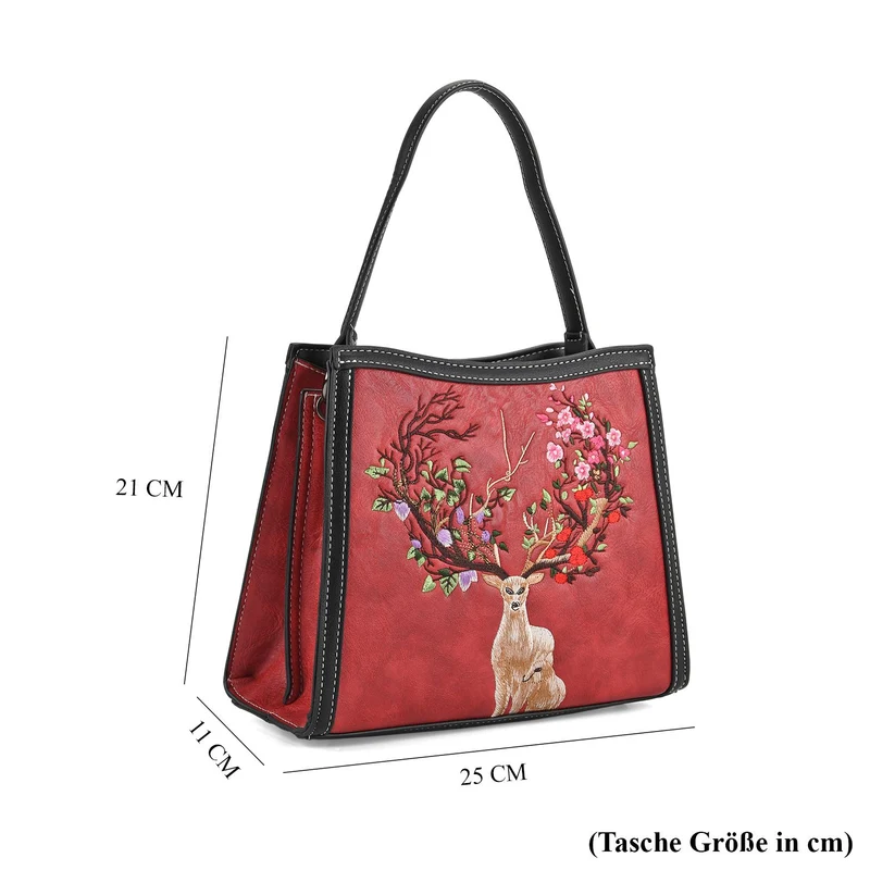 Bestickte Crossbody Tasche, Kunstleder, Rentier Design, 25 x 11 x 21 cm, Anthrazit