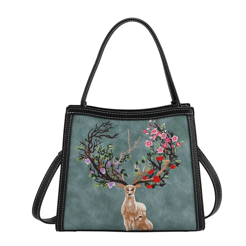 Bestickte Crossbody Tasche, Kunstleder, Rentier Design, 25 x 11 x 21 cm, Anthrazit