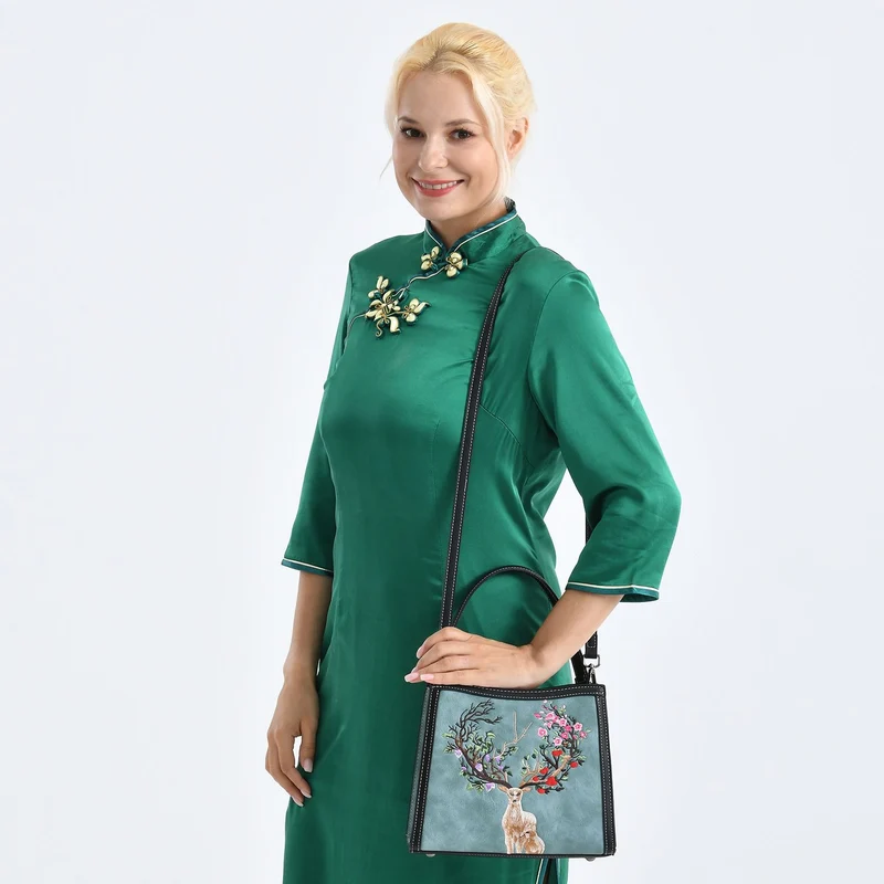 Bestickte Crossbody Tasche, Kunstleder, Rentier Design, 25 x 11 x 21 cm, Anthrazit