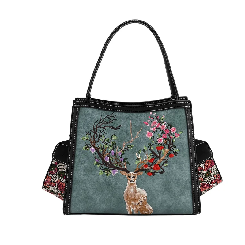 Bestickte Crossbody Tasche, Kunstleder, Rentier Design, 25 x 11 x 21 cm, Anthrazit