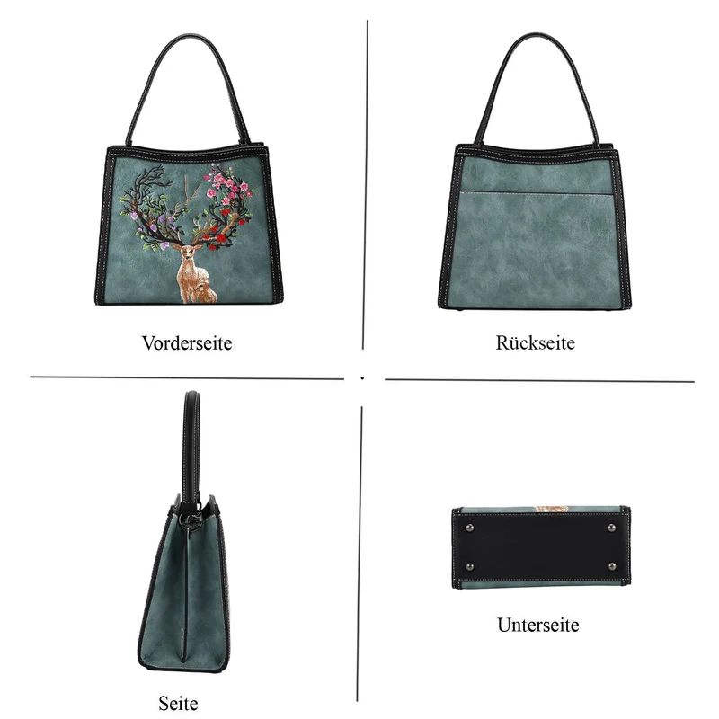 Bestickte Crossbody Tasche, Kunstleder, Rentier Design, 25 x 11 x 21 cm, Anthrazit