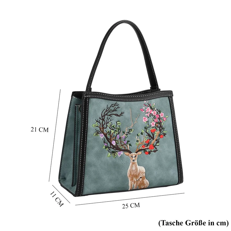 Bestickte Crossbody Tasche, Kunstleder, Rentier Design, 25 x 11 x 21 cm, Anthrazit