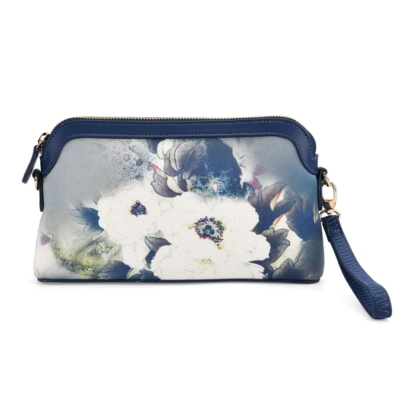 LA MAREY Signature - Seiden-Brokat-Crossbody-Bag, 24x6x14 cm, Blau Weiß