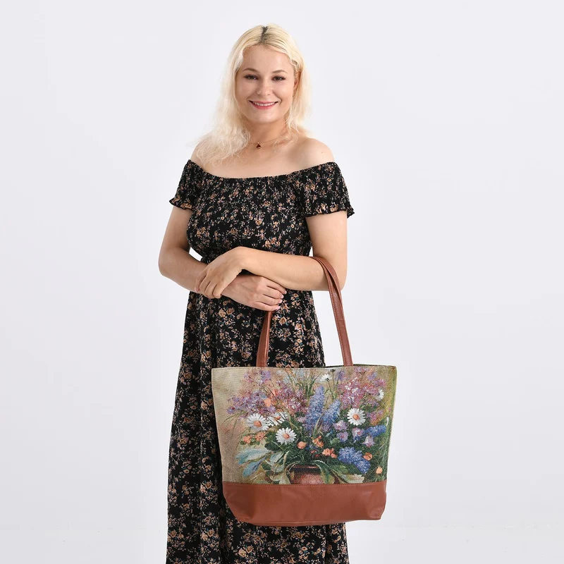 Schultertasche mit Blumenmuster, ca. 35.5 x 12 x 36 cm, Beige