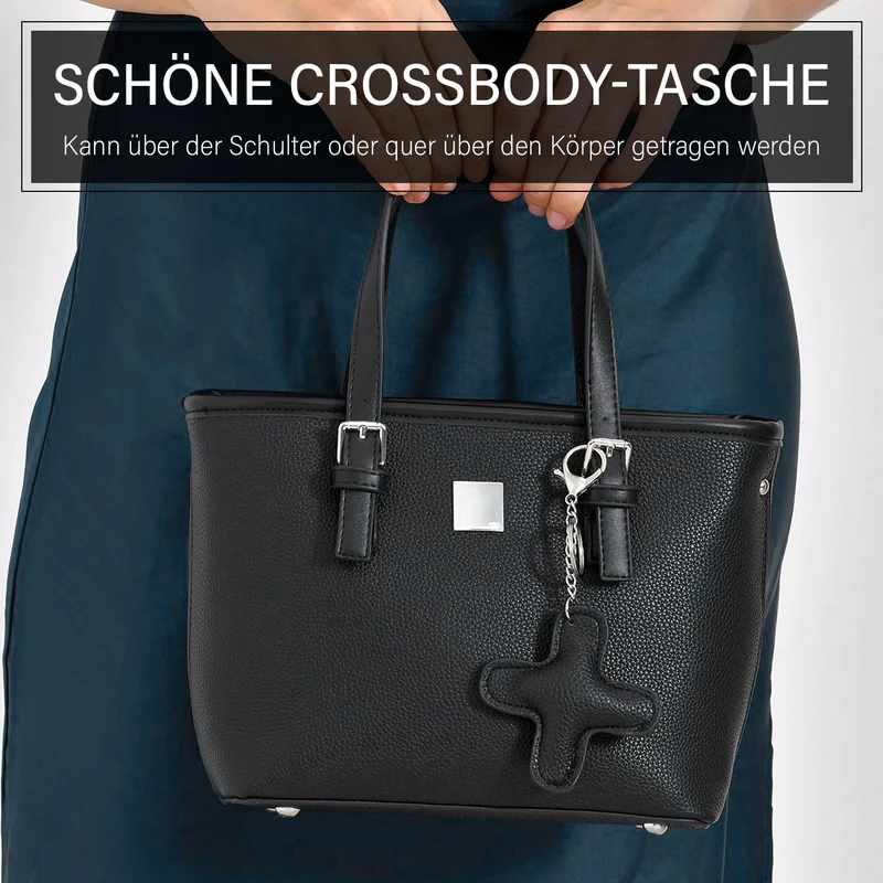 Crossbody Bag - Stilvoll und vielseitig mit großzügigem Stauraum und Designer-Anhänger in Kreuzform, 23x11x19 cm, Schwarz